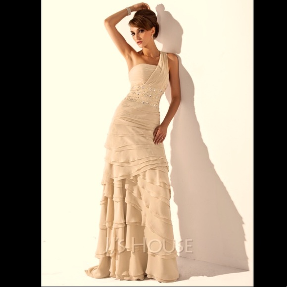 JJs House Dresses & Skirts - Sale! A-Line One-Shoulder Sweep Train Chiffon Dress With Beads